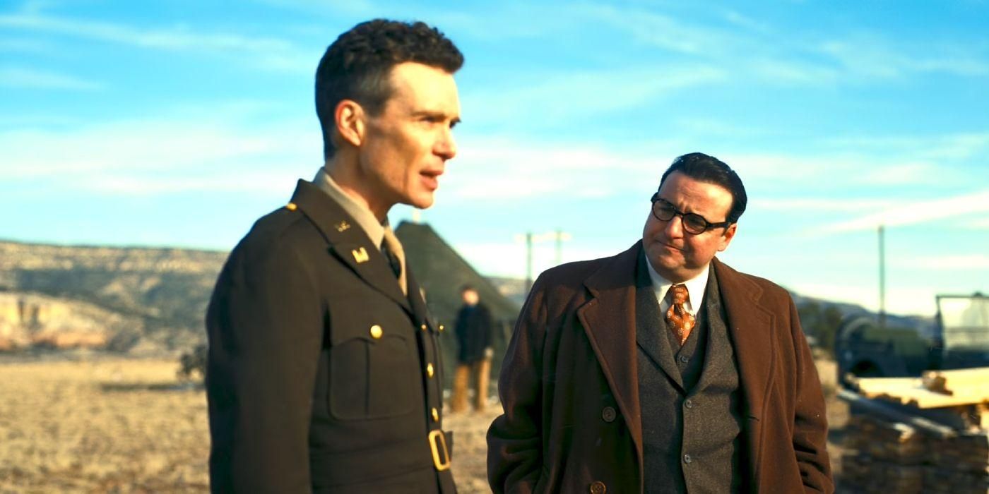 Cillian Murphy as Oppenheimer and David Kramholtz as Rabi in Oppenheimer. 