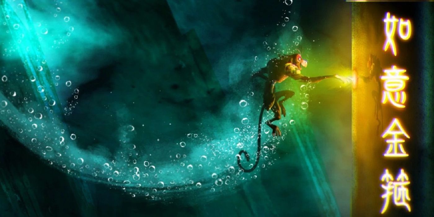 A frame from The Monkey King with the main character underwater. 