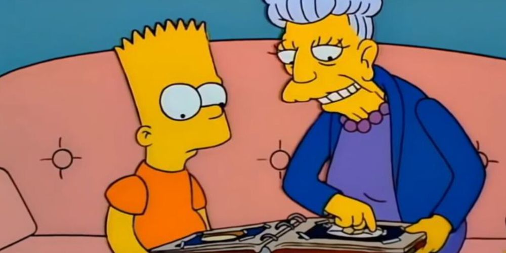 Agnes Skinner showing Bart Simpson a scrapbook