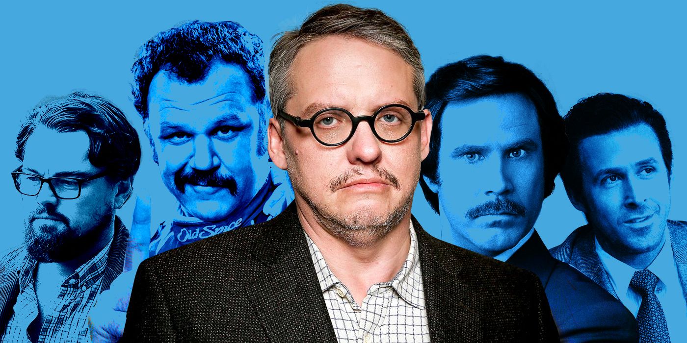 A blended image showing Adam McKay and characters from his films.