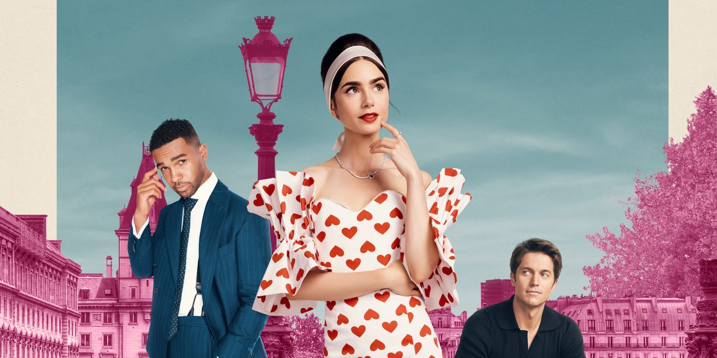 A blended image showing Alfie, Emily and Gabriel at Emily in Paris.