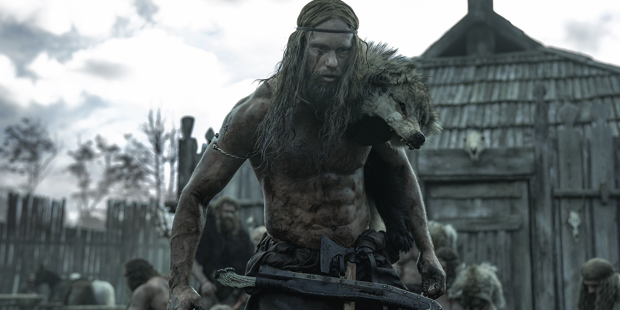Amlet in the village during a Viking raid on The Northman.
