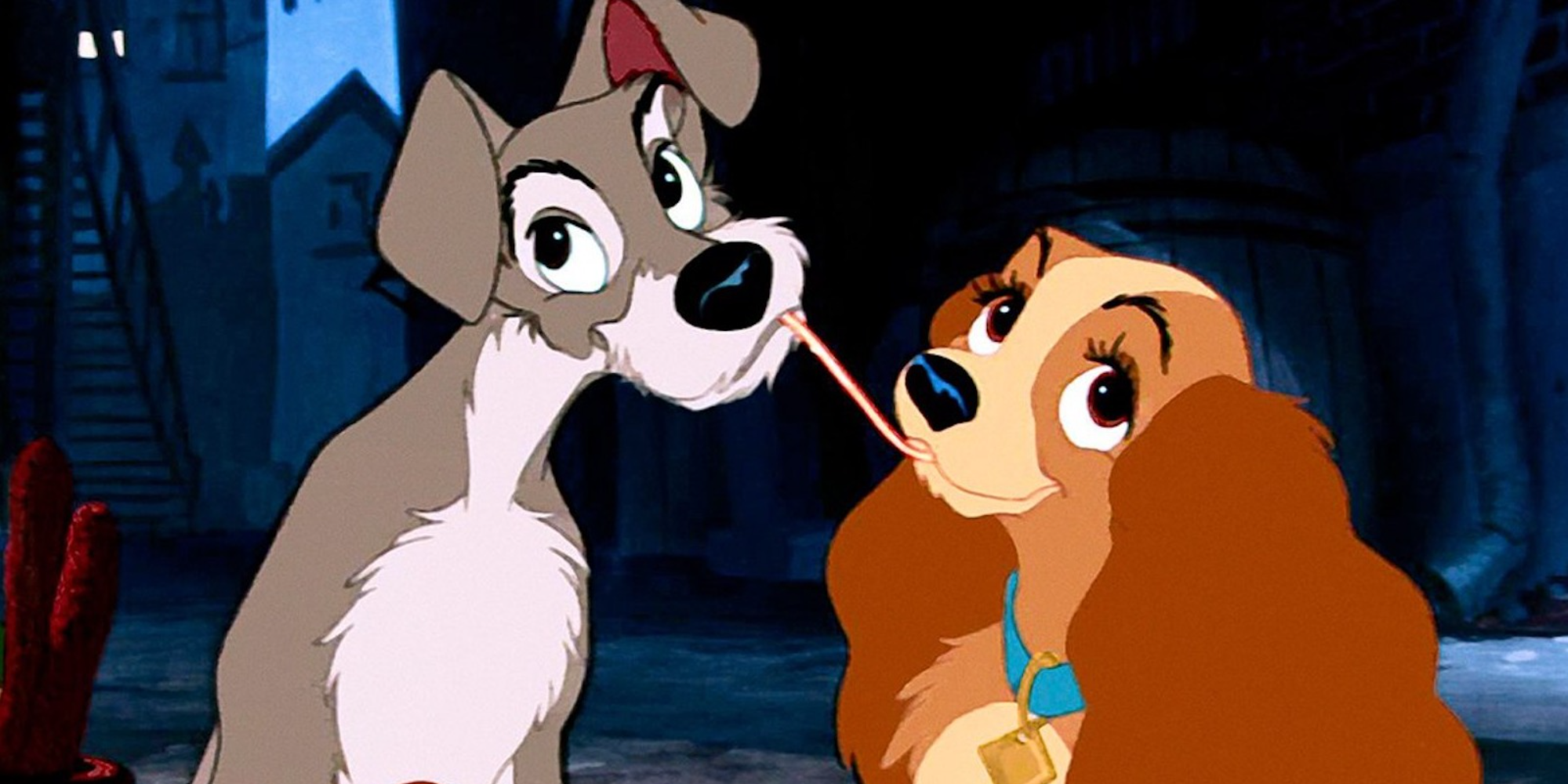 the lady and the tramp are eating a plate of pasta in an alley 