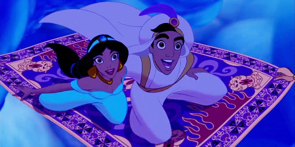 Aladdin and Jasmine fly on a magic carpet in Aladdin.