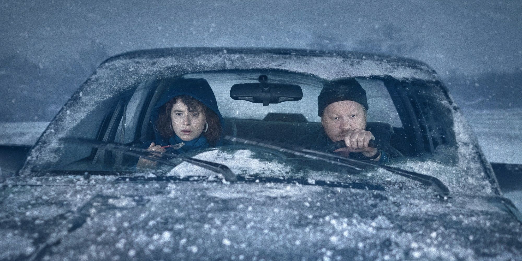 Lucy and Jake drive through a snowstorm to get to his parents' farm.