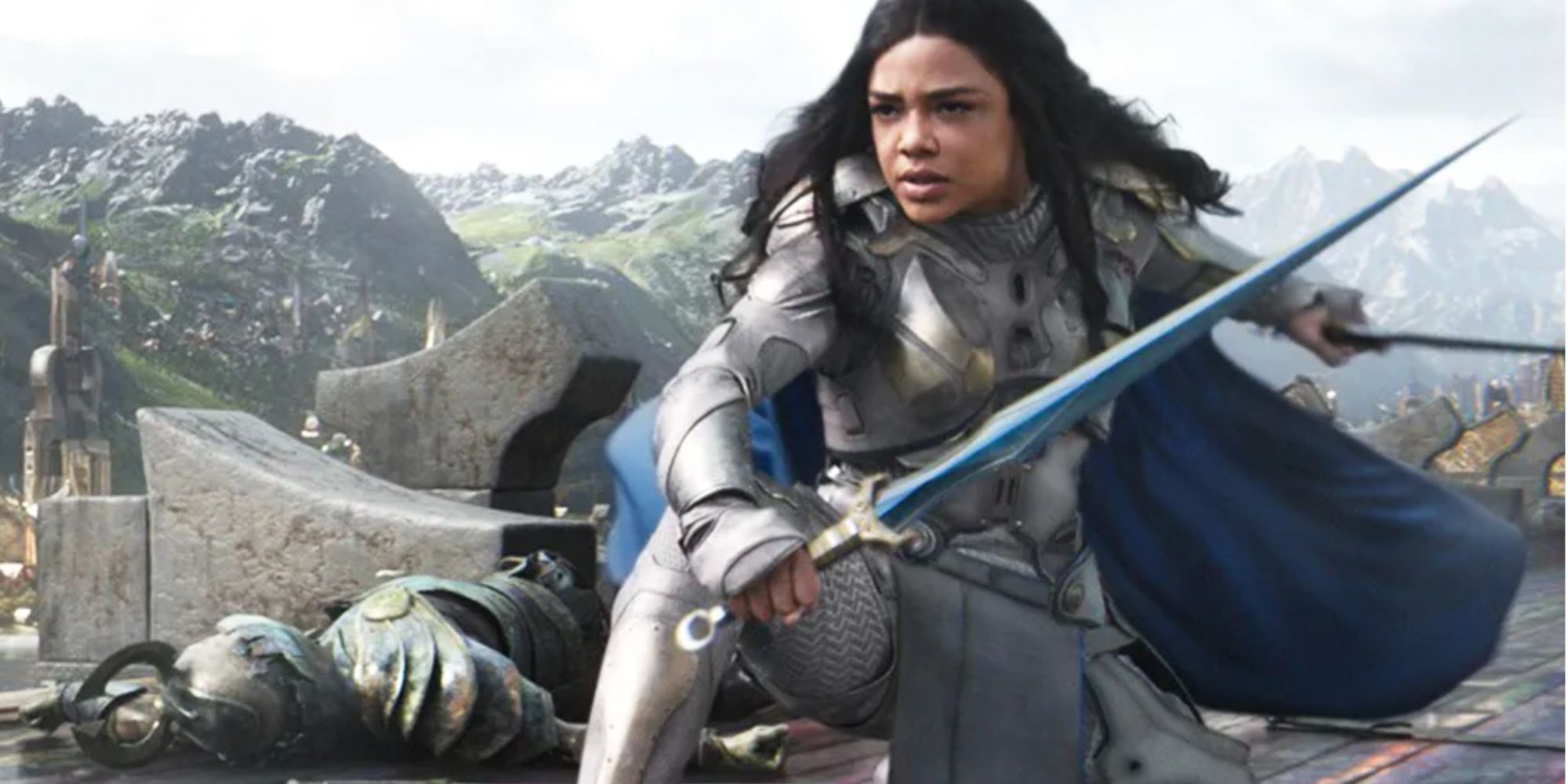 Tessa Thompson as Valkyrie with a sword 