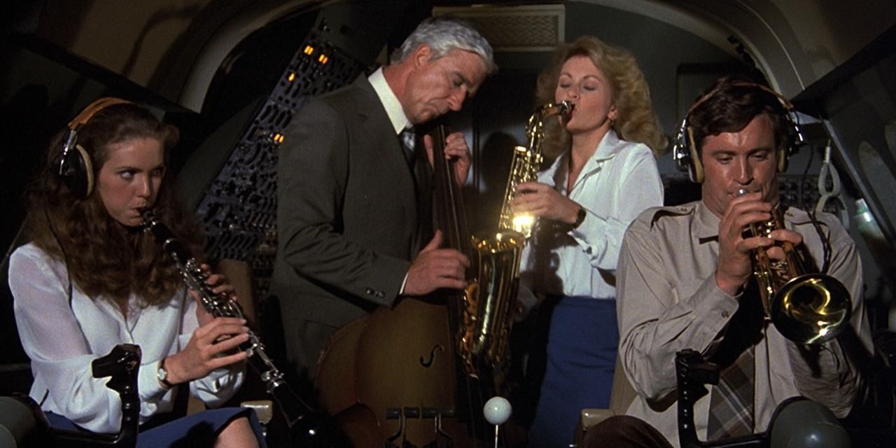 A group of people playing instruments in the cockpit in Airplane!