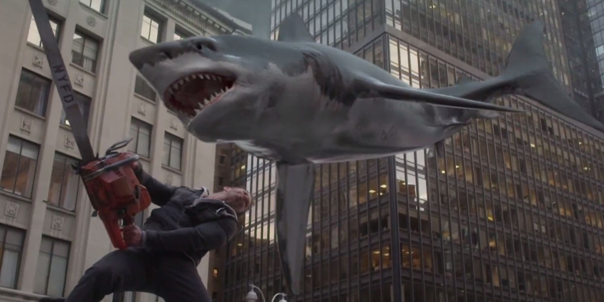 Ian Ziering fights off a flying shark with a chainsaw