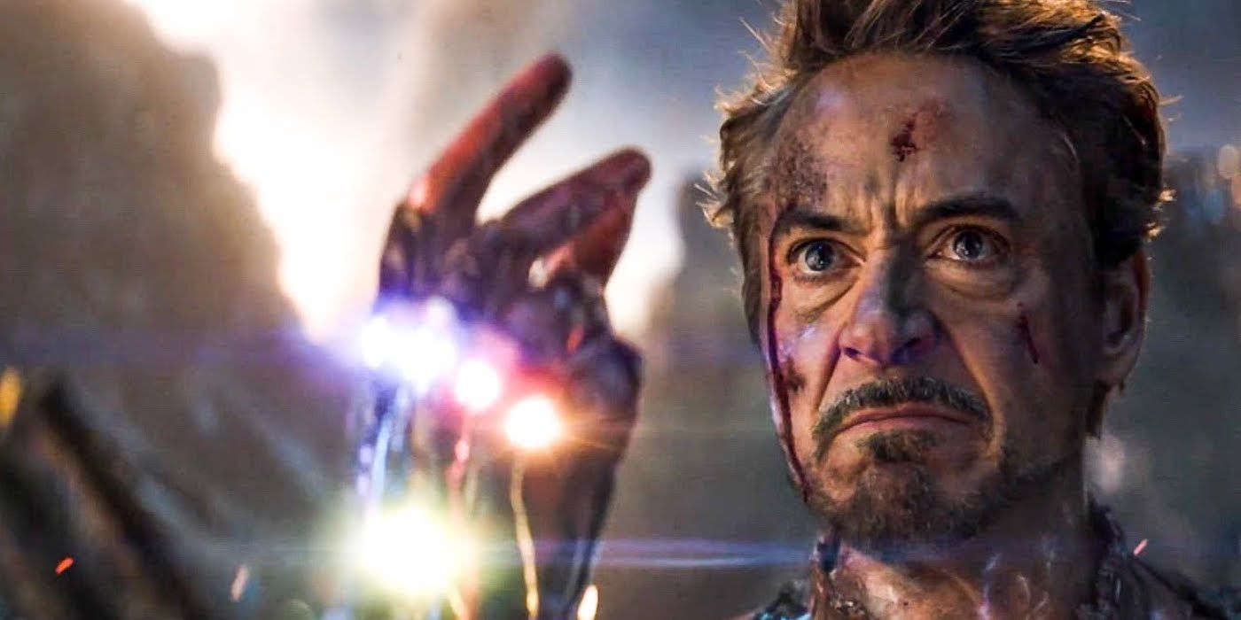 Robert Downey Jr as Tony Stark about to snap his fingers in Avengers: Endgame