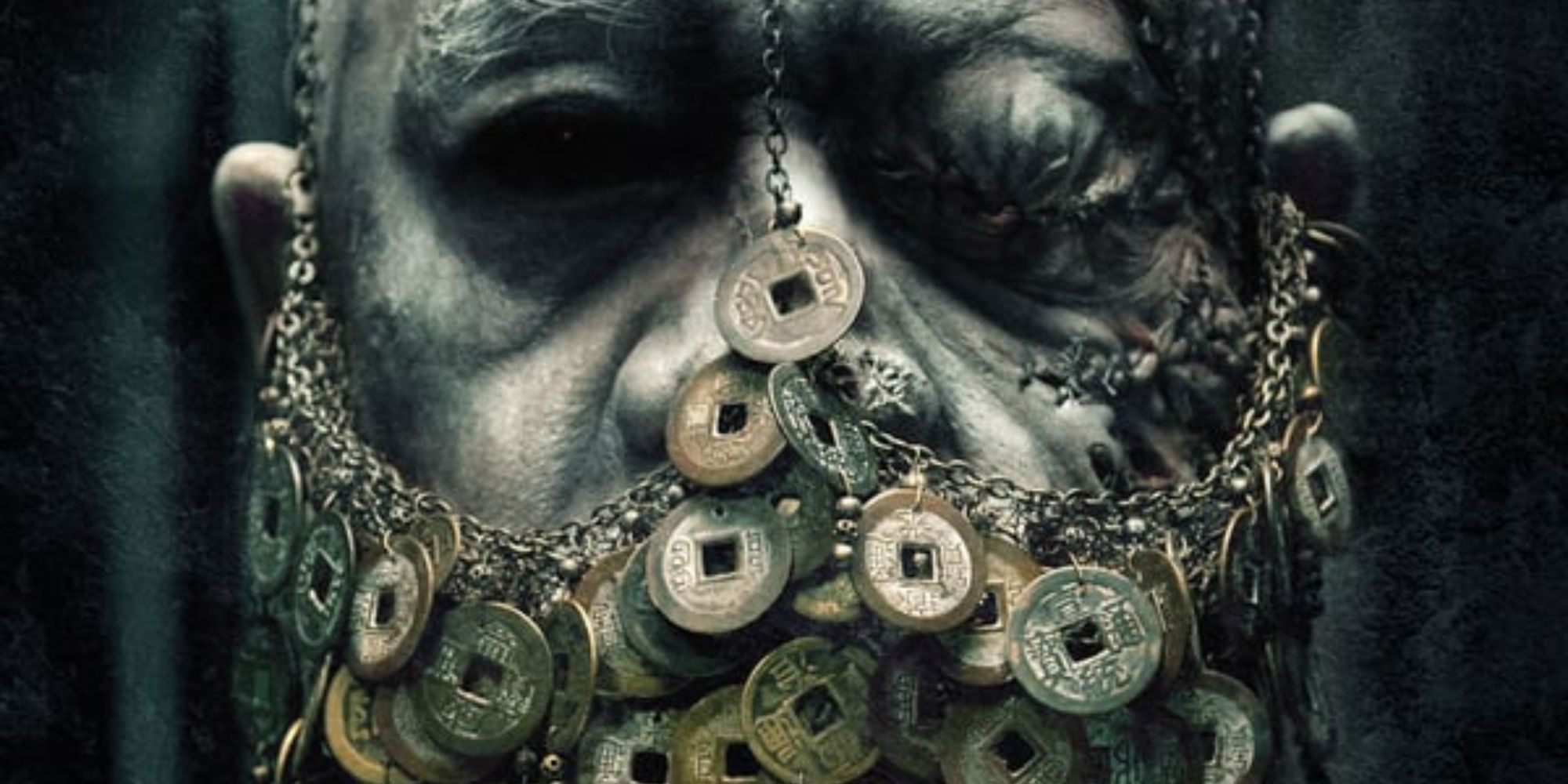 Vampire with face shield laced with dead men's coins in Rigor Mortis