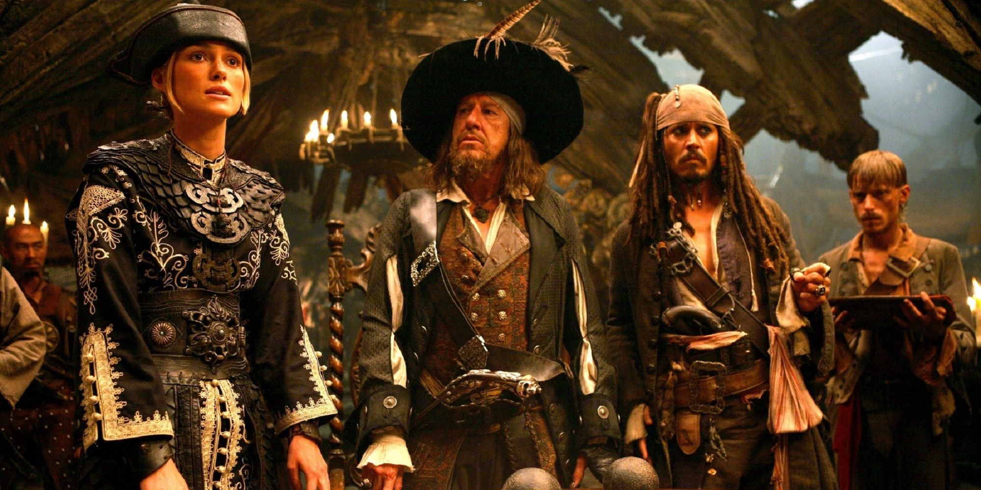 Elizabeth Swann, Captain Barbossa and Jack Sparrow at Shipwreck Bay.