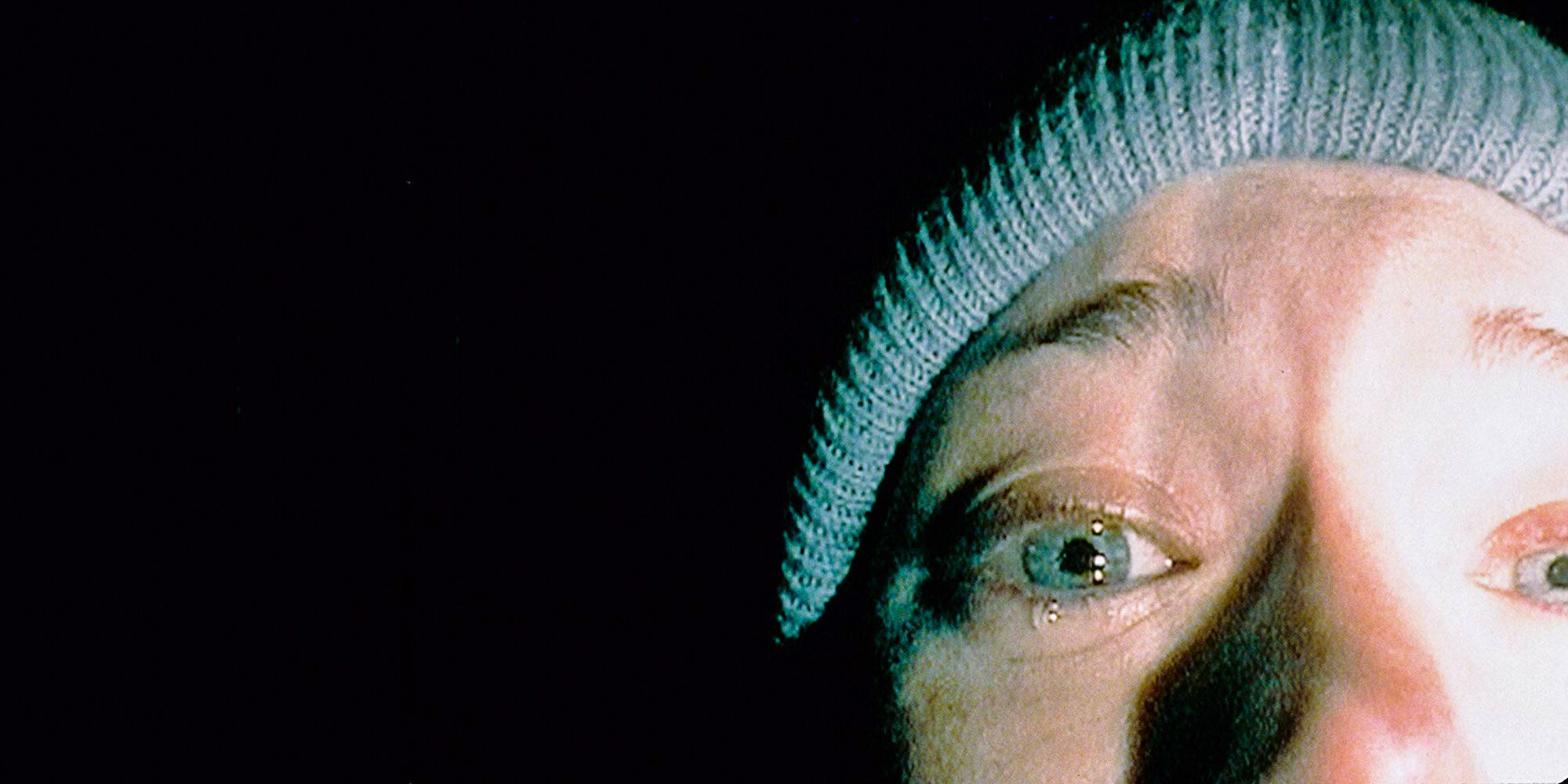 Heather looks fearfully into the camera from Blair Witch Project.