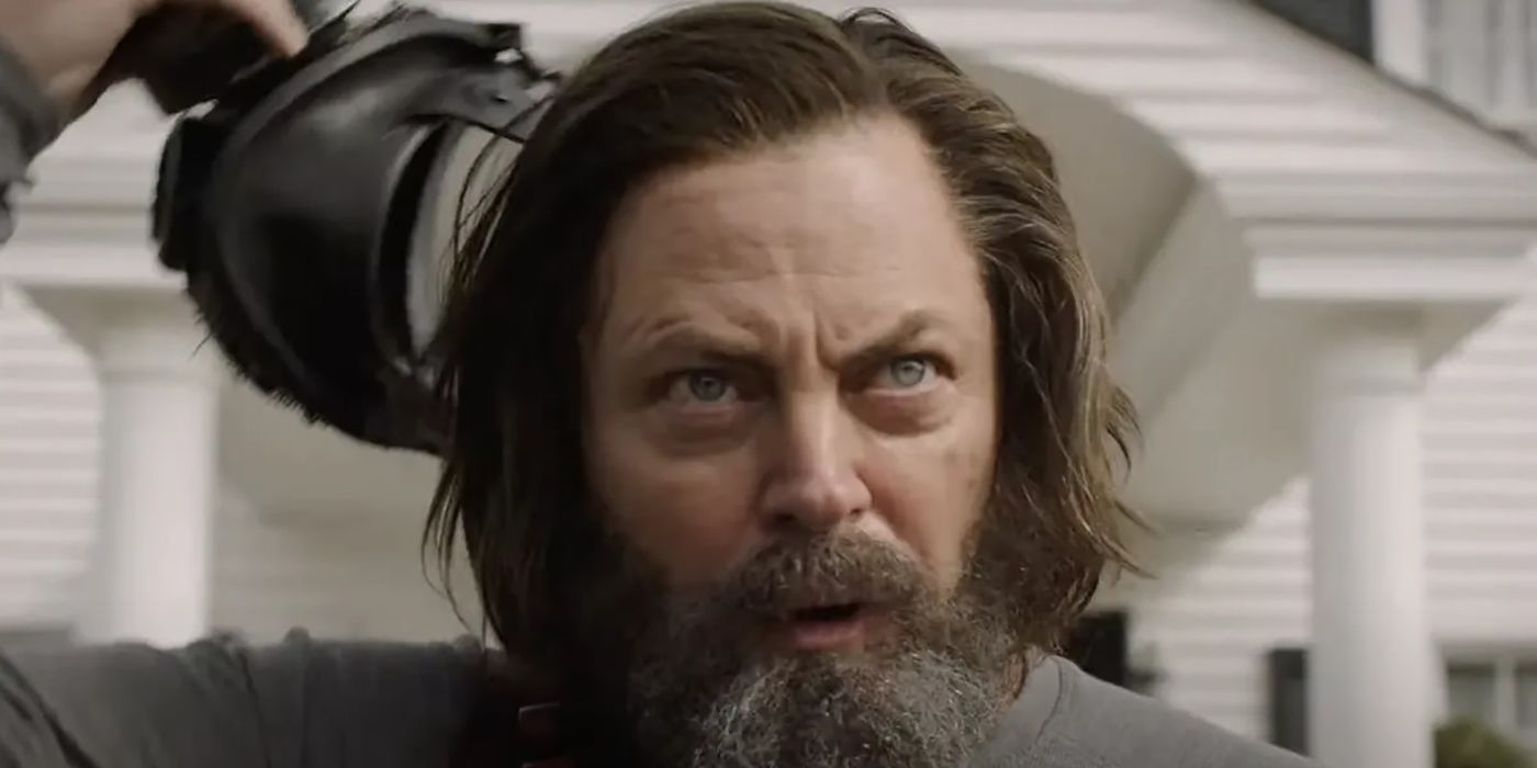 A close-up of Nick Offerman as Bill in The Last of Us getting mad at someone.