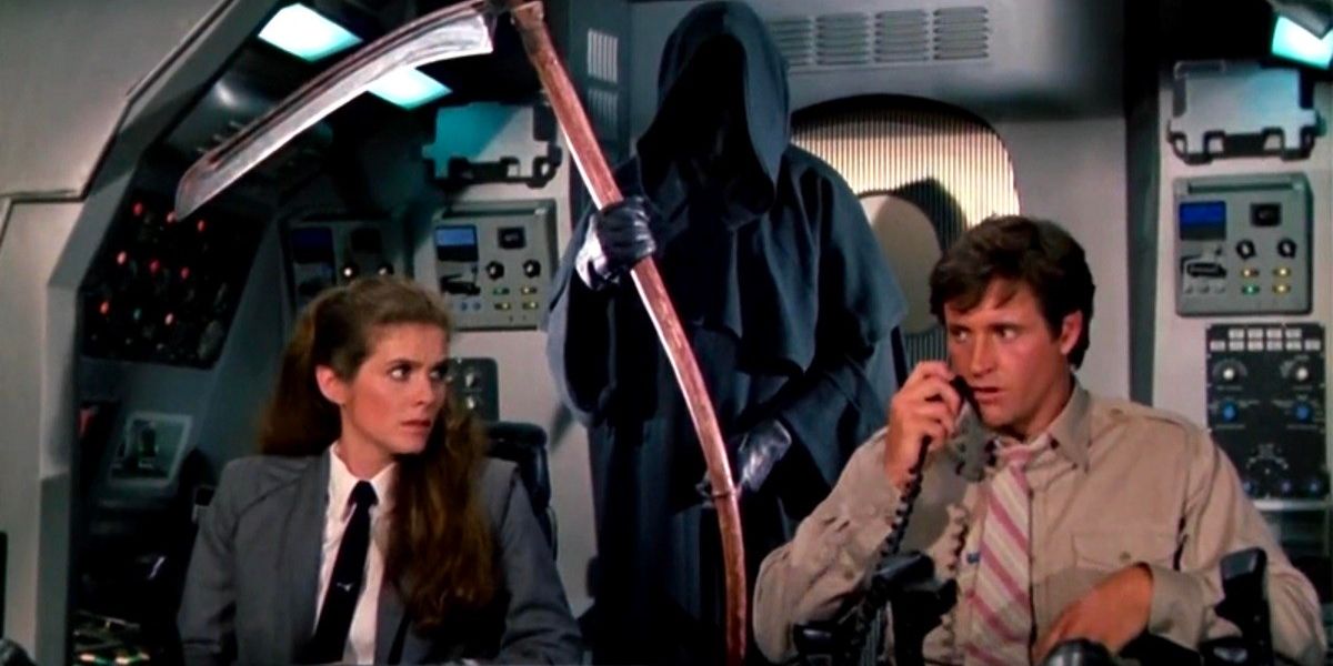The Grim Reaper inspects the two pilots in the cockpit.