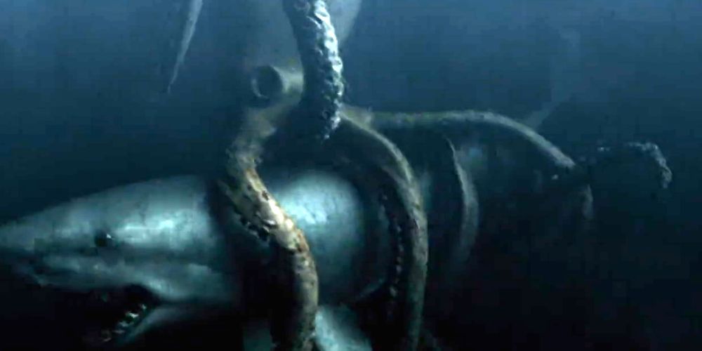 A giant octopus with its tentacles around a shark in Mega Shark Versus Giant Octopus