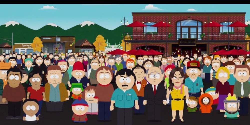 Randy Marsh stands outside the city of South Park in season 19.