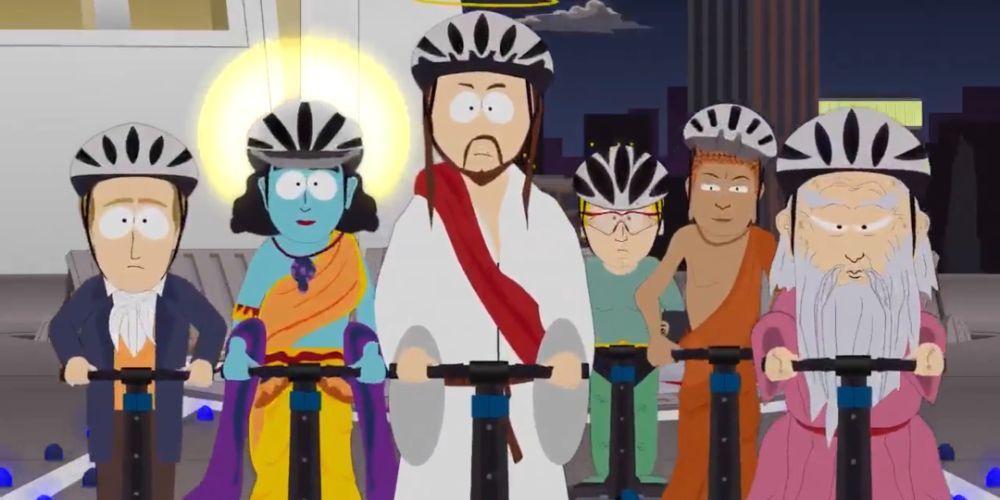 Joseph Smith, Krishna, Jesus, Sea Man, Buddha and Lao Tzu ride their bikes in South Park.