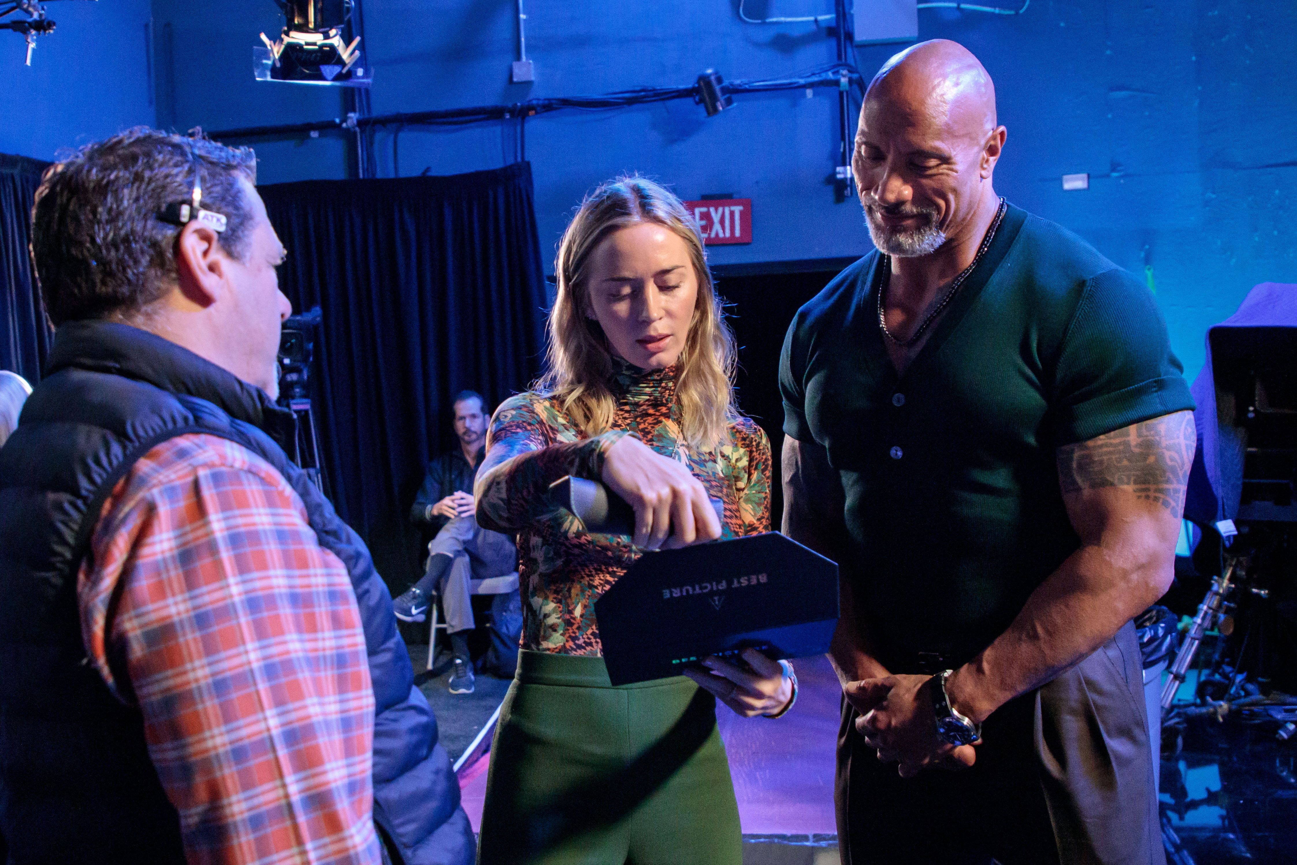 Emily Blunt and Dwayne Johnson at the Oscars rehearsal