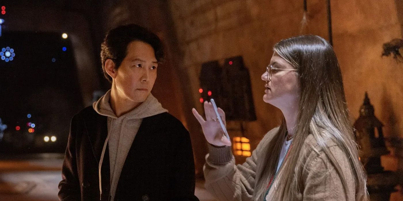 Leslie Headland on the set of The Novice with Amandla Stenberg and Lee Jung Jae
