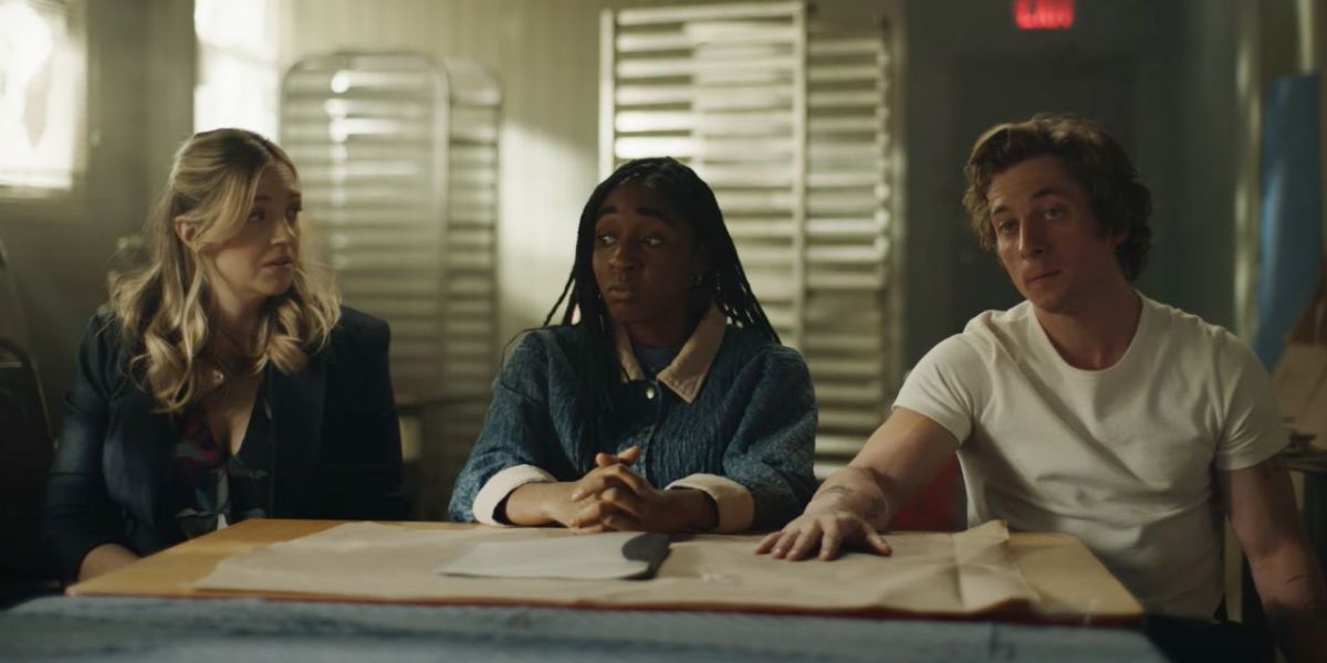 Abby Elliott as Sugar Berzatto, Ayo Edebiri as Sidney Adamu and Jeremy Allen White as Carmi Berzatto in the second season of The Bear.