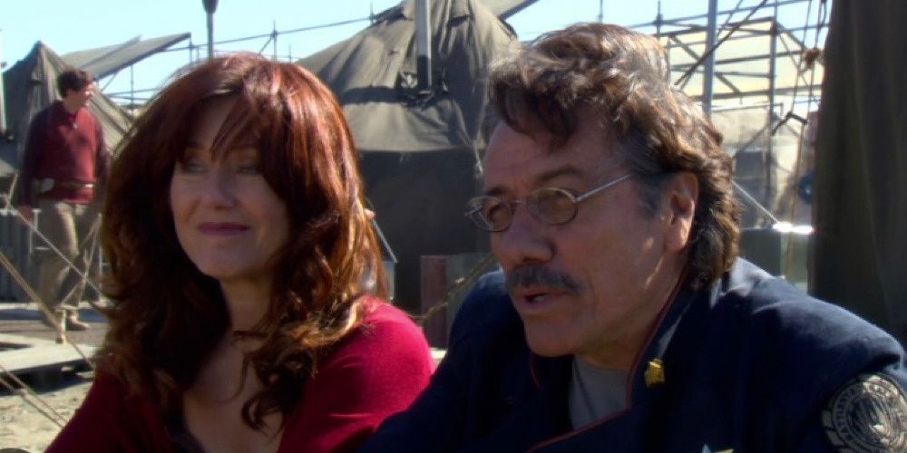 President Laura Roslin and Admiral William Adama at Battlestar Galactica.