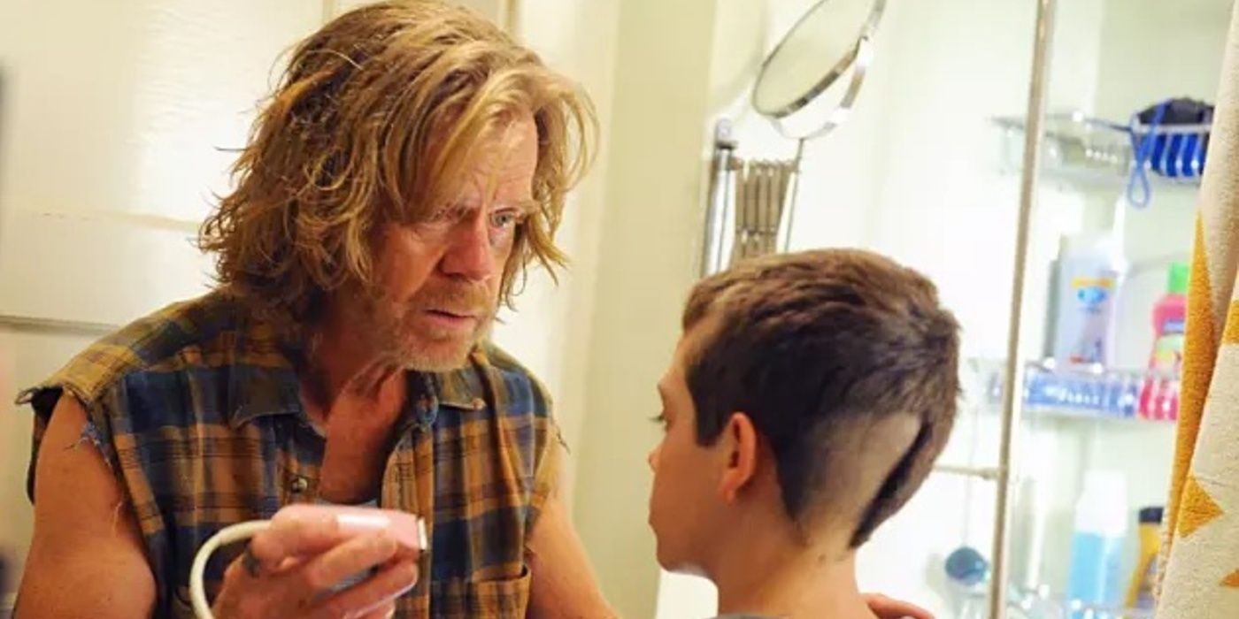 Frank (William H. Macy) shaves Carl (Ethan Cutkosky)'s head in Shameless.