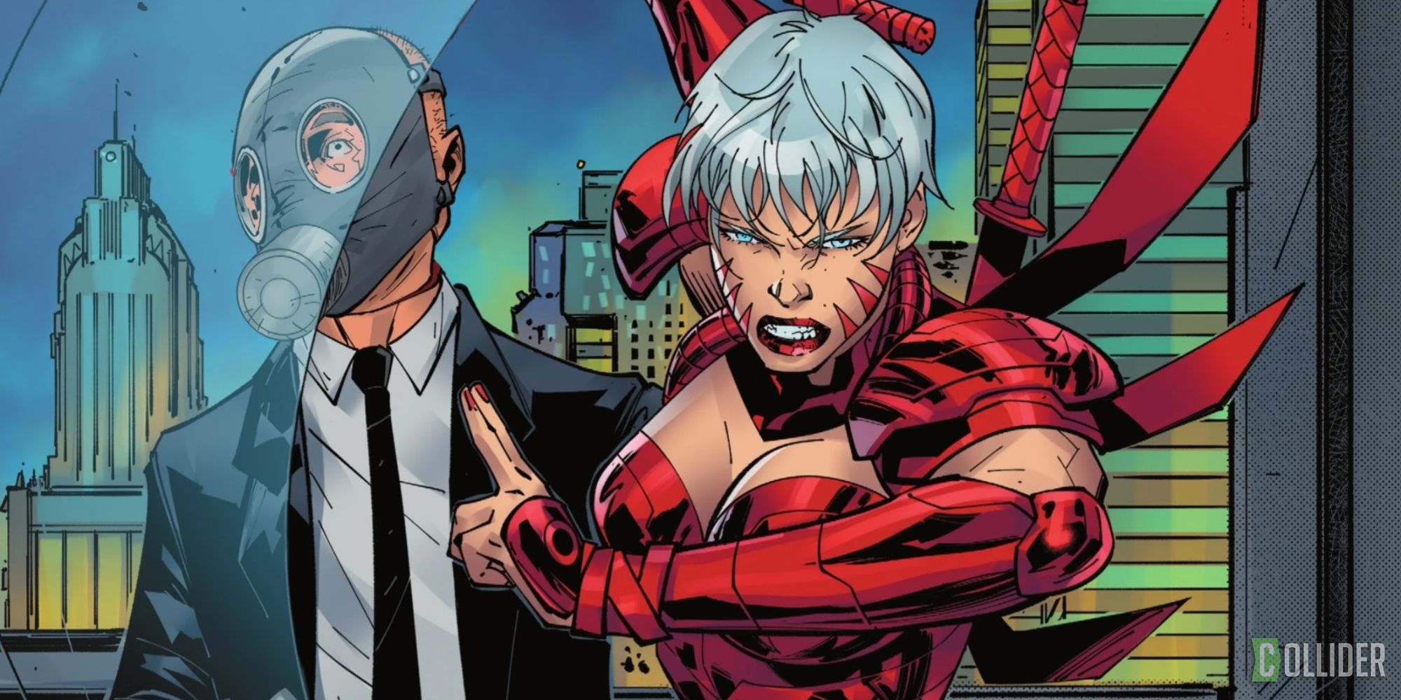 a woman with a red slashing sword with a man in a suit and gas mask behind her